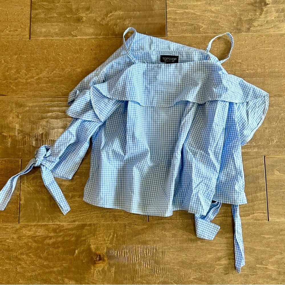 Topshop Women’s Gingham Cold Shoulder Ruffle Top Blue White Size 4 EUC